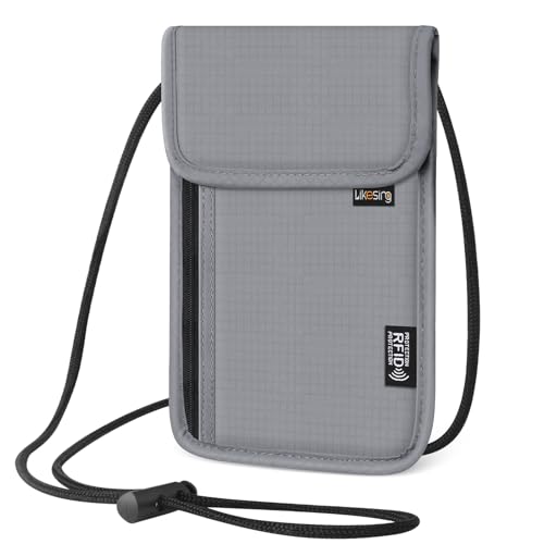 Likesing 5.5" L x 7.9" W Travel Neck Wallet, RFID Blocking Passport Holder for Travel Women Men, Security Lightweight Travel Wallet, Neck Passport Pouch Gifts for Traveling(Light Grey) - color: Light Grey