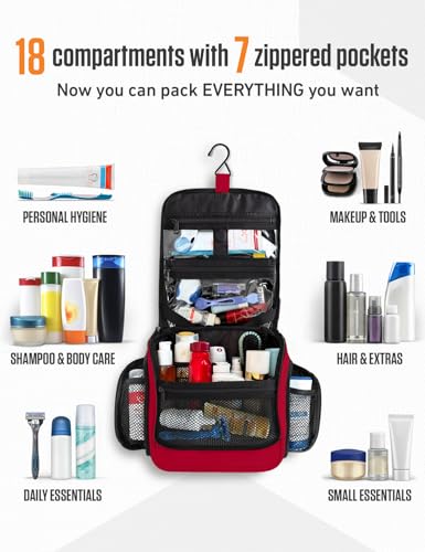 VENTURE 4TH Hanging Travel Toiletry Bag for Women & Men – Large Toiletry Organizer with 18 Compartments, Removable TSA Pouch, Travel Wash Bag for Toiletries, Makeup & Shaving Kit (Red) - color: Red