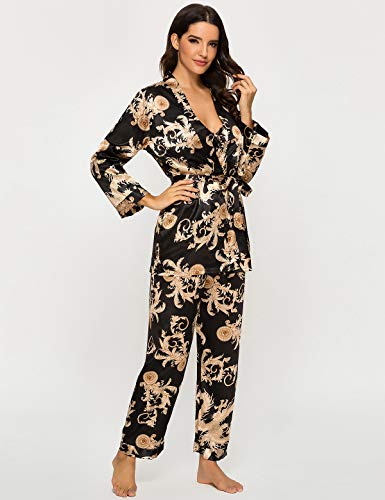 Escalier Women's Silk Satin Pajamas Set 3 Pcs Floral Silky Pj Sets Sleepwear Cami Nightwear with Robe and Pant - color: Black, size: XX-Large