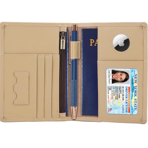 STAR VISTA Phoenix Leather Passport Holder, Calfskin Leather Travel Wallet, RFID Blocking, with ID Window, Zipper Pocket, Card Slots, AirTag Slot, Ivory - color: Ivory Calfskin AirTag
