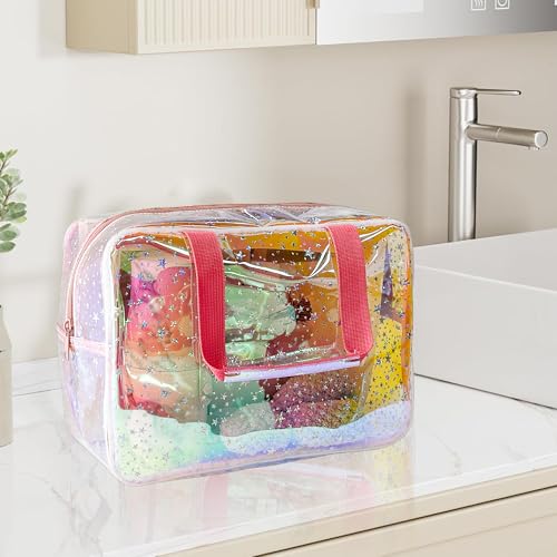 TPU Holographic Pink Clear Star Large Cosmetic Bag and Travel Pouch with Handle,Durable TPU Material,Zipper Design-Ideal for Makeup,Travel Essentials (Holographic pink) - color: Holographic pink