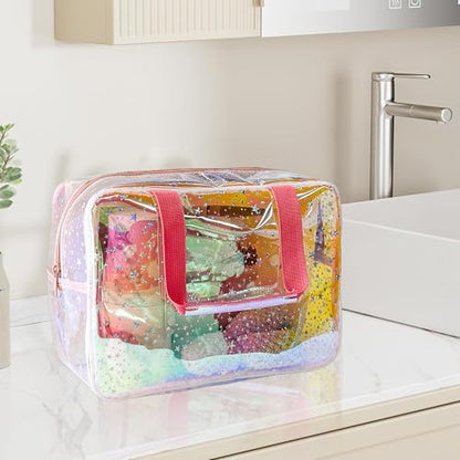 TPU Holographic Pink Clear Star Large Cosmetic Bag and Travel Pouch with Handle,Durable TPU Material,Zipper Design-Ideal for Makeup,Travel Essentials (Holographic pink) - color: Holographic pink