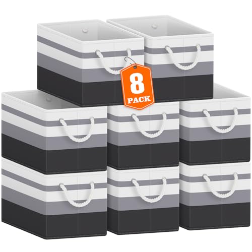 Fab totes Storage Bins 8-Pack, Foldable Storage Baskets for Organizing Toys, Books, Shelves, Closet, Large Storage Box with Rope Handles, Sturdy Organizer Bins,Gradient Grey - color: Gradient Grey, size: 8pack