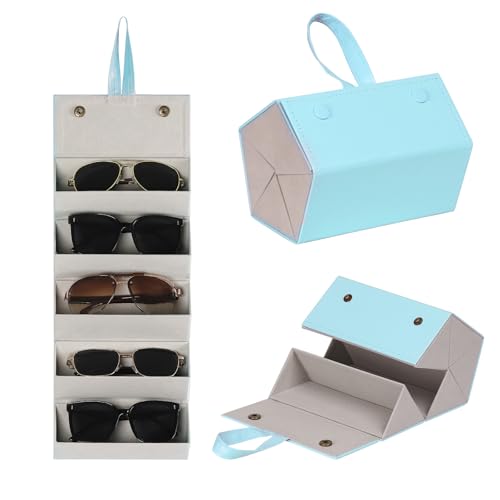 AUTOARK Foldable PU Leather Glasses Organizer with 5 Slots,Hanging & Portable Sunglass Eyewear Storage Case for Men Women,Blue,MKAW255 - color: Blue