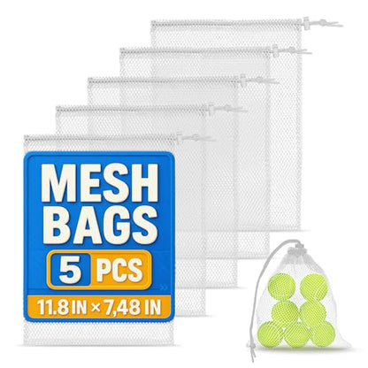 5 PCs Mesh Laundry Bags Drawstring – Small Mesh Bag White 11.8 x 7.48" – Multipurpose Nylon Net Bags with Tight Closure for Storing Balls, Clothes, Sports Gear at Gym, Beach, Laundry, & Travel Use - style: 5Pcs, White, S size