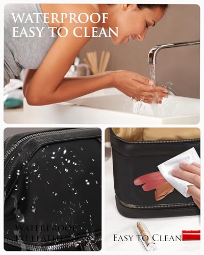 Double-Layer Toiletry Bag, Water-Resistant Hybrid Leather Cosmetic Organizer with Wet/Dry Compartments, 26x15x16cm (Black, Double layer) - color: Black