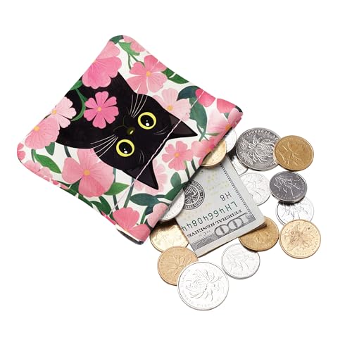 Travelambo Leather Squeeze Coin Purse Pouch Change Holder For Men & Women - color: Pink Floral Cat