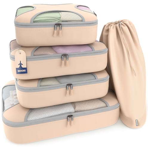 Shacke 5 Set Packing Cubes for Travel – Luggage Organizer & Suitcase Bags with Laundry Bag, Carry On Packing Organizer, Travel Accessories for Women Men (Nude Beige) - color: 5 Set - Nude Beige, size: Set of 5