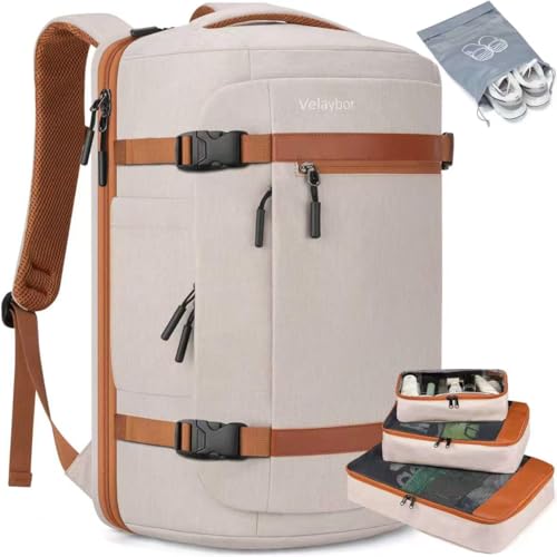 42L Travel Backpack with 4 Packing Cubes, TSA Friendly Flight Approved Carry-On Bag with USB Charging Port, Water-Resistant Weekender Business Backpack for Men Women, Fits 17.3" Laptop(Beige) - color: Beige
