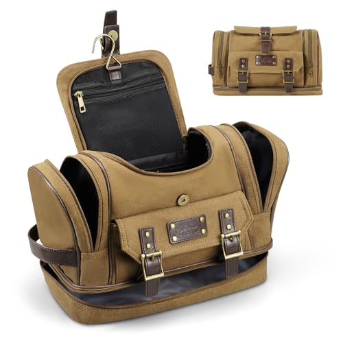 ARCFOX Travel Hanging Toiletry Bag for Men, Vintage Canvas Large Toiletry Bag with 7 Compartments, Camping Gym Travel Toiletry Kit Organizer with PVC Wet & Dry Pockets, Personalized Wash Bag, Brown - color: brown