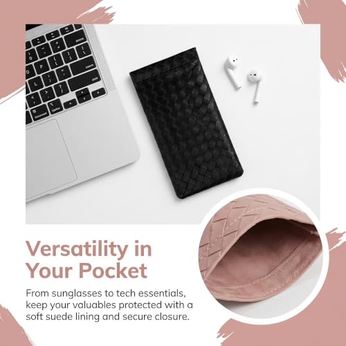 Goufaju 4 Pcs Soft Leather Squeeze Top Sunglass Case with Cleaning Cloth, Portable Eyeglass Pouch for Travel and Daily Use (Pink,Brown,Black,White & 4×Cleaning Cloth)