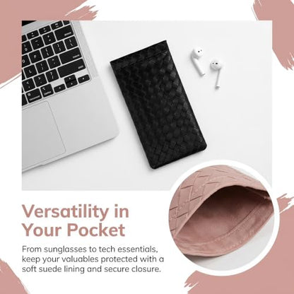 Goufaju 4 Pcs Soft Leather Squeeze Top Sunglass Case with Cleaning Cloth, Portable Eyeglass Pouch for Travel and Daily Use (Pink,Brown,Black,White & 4×Cleaning Cloth)