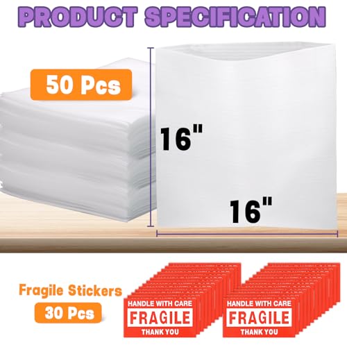 16'' x 16'' Packing Foam Pouches, 50 Pcs Packing Supplies Cushion Foam Pouches & 30 Pcs Fragile Stickers for Wrapping, Protecting Cup China Glasses Dishes, Moving Storage Packaging Supplies - size: 50PCS-16X16