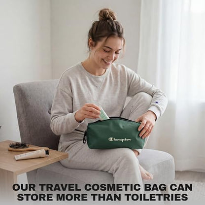 Champion - Hanging Toiletry Bag - Travel Sized Polyester Bag — Water-Resistant, Cosmetics Organizer Bag with Two Compliant Bottles - Lightweight Portable Zipped Bag for Unisex – Green- 10"x3.9"x3.9" - style: Green
