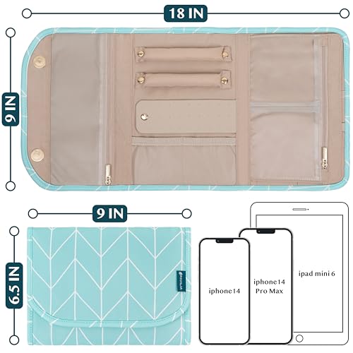 PAVILIA Travel Jewelry Case Organizer, Foldable Jewelry Travel Roll Bag, Small Jewelry Travel Pouch Wallet for Earrings, Rings, Necklaces, Bracelets, Travel Packing Accessories (Chevron Teal) - color: Chevron Teal