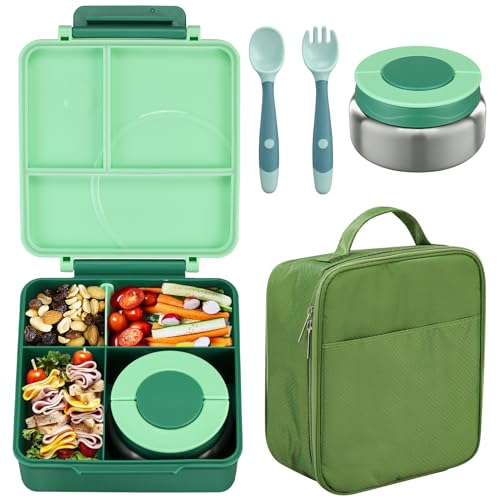 Bento Lunch Box Set for Kids with 8oz Soup Thermo, Leak-Proof Lunch Containers with 4 Compartment, Kids Thermo Hot Food Jar and Insulated Lunch Bag for Kid to School-Green - color: Green