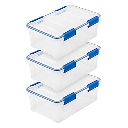 IRIS USA WeatherPro 16 Qt Storage Bins with Lids, 3 Pack, BPA-Free Plastic Gasket Box with Tight Latch and Seal, Stackable Nestable Tote Tub - Clear/Blue - size: 16 Qt. - 3 Pack