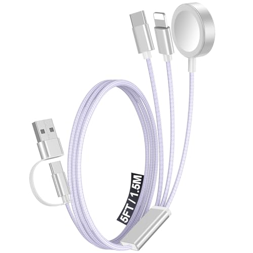 1Pack Multi Charging Cable Cord for Travel Essentials,Apple Watch Charger,iPhone Charger,[3-in-2] Type C/Lightning Cable Portable Designed for iWatch,iPhone 17-8,Galaxy S26-21,AirPods,iPad-1.5M Purple - color: Purple, size: 1Pack-5 FT