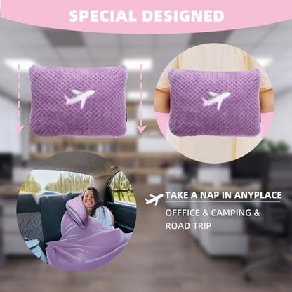 3 in 1 Travel Blanket Pillow Set - 350 GSM Thick Travel Blanket Airplane Compact with Bag, Soft Bag with a Pocket, Inflatable Travel Pillow for Camping & Car Trip (Violet) - color: Violet