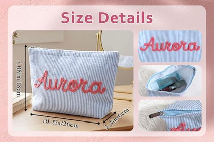 Personalized Makeup Bag with Name, Seersucker Cosmetic Pouch Women Girl, Bridesmaid Travel Bag, Organizer Storage Pouch, Gifts to Mom Wife Girlfriend, 9.84x6.69''