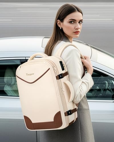 Taygeer 35L Travel Backpack Carry On with Lock, TSA Flight Approved Carry on Backpack, Expandable Weekend Trip Backpacks Fits 15.6 Inch Laptop for Women, Beige & Brown