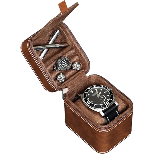 ROTHWELL Single Watch Travel Case with Accessory Compartment | Compact PU Leather Protective Box, Microsuede Interior | Fits Watches & Smartwatches Up to 55mm | Accessory Lid for Jewelry (Tan/Brown) - color: Tan/Brown - w/ Accessory Lid