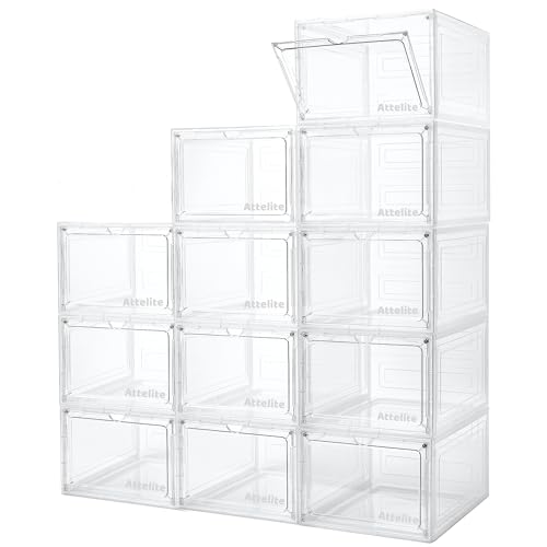 Attelite Upgrade 12pack Shoe Box Storage Containers,Thicken Sturdy Clear Stackable Plastic Shoe Organizer Box with Magnetic Door, X-Large Drop Front Shoe Box - color: Clear White, size: XL-12-pcs
