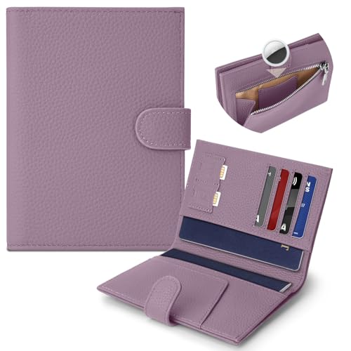 Genuine Leather Passport Holder for Women Men, Hidden Airtag Pocket, RFID Blocking, Zippered Coins Pocket & Cash Compartment Travel Gifts Essentials Passport Cover Case - Purple - color: Purple