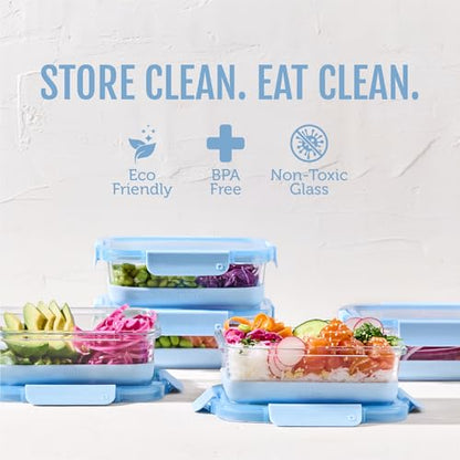 Ello Duraglass 3.4 Cup Meal Prep Sets 10Pc, 5 Pack Set- Glass Food Storage Container with Silicone Boot and Airtight BPA-Free Plastic Lids, Dishwasher, Microwave, and Freezer Safe, Halogen Blue - color: Halogen Blue with Boot