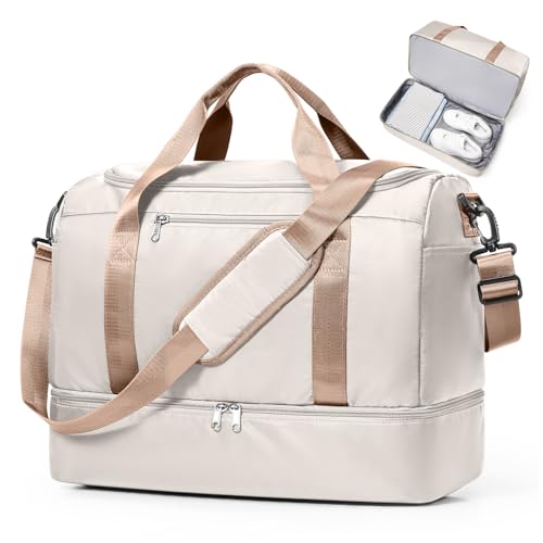 Travel Duffel Bag for Women, Carry-on Overnight Weekender Bags with Wet Pocket, For Spirit Airlines 18x14x8 Personal Item Bag,Small,Beige & Brown - color: Beige & Brown, size: Small
