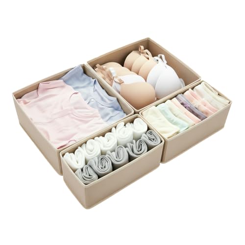 Drawer Organizer Set 4 Pack - Foldable 11" Fabric Storage Bins with Zipper Bottom for Underwear Socks Bras Baby Clothes - Closet Dresser Dividers for Bedroom Nursery, Khaki - color: khaki