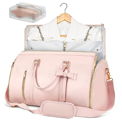 Garment Bags for Travel, Convertible Suit Travel Bag for Women, Stylish Carry On Garment Bag with Toiletry Pocket, Shoulder Strap and Shoes Compartment, 2 in 1 Foldable PU Leather Duffle Bag, Pink - color: Pink