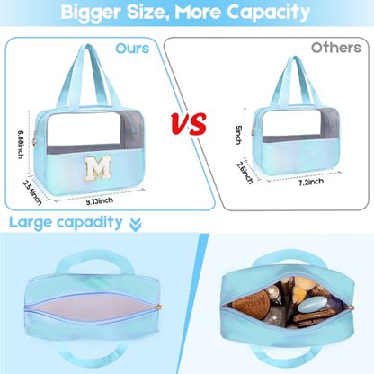 Personalized Initial Clear Makeup Bag Blue Cosmetic Bag Set Large Travel Toiletry Bag, Cute Clear Make Up Bags Organizer Bag for Girlfriend Teacher Gifts Teen Girl Gifts Trendy Stuff R (Blue) - color: Blue, style: R