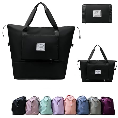 Large Capacity Foldable Travel Bag, Expandable lightweight Carry on Bag, Dry with Wet Separation Spor Duffel Bags (Black) - color: Black