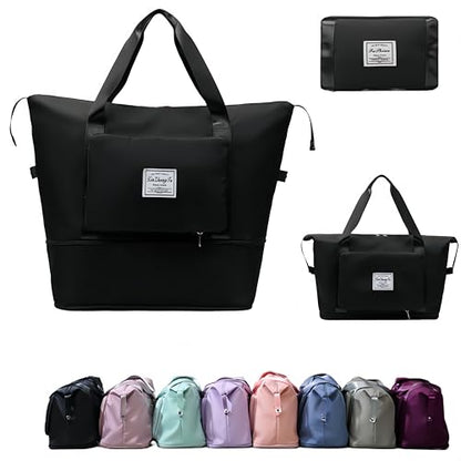 Large Capacity Foldable Travel Bag, Expandable lightweight Carry on Bag, Dry with Wet Separation Spor Duffel Bags (Black) - color: Black