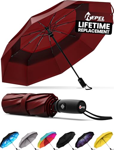 Repel Windproof Travel Umbrella - Compact & Withstands Winds up to 100MPH , Strongest Premium Auto Folding Umbrella for Rain and Sun - Durable, Light & Portable for Women & Men , Fits Backpack & Cars - color: Red - Travel Umbrella (1 Pack)