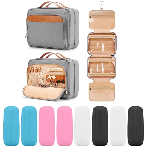 Travel Hanging Toiletry Bag for Women, Large Makeup Bag 8 Leak Proofing Silicone Bottle Covers, Waterproof Cosmetic Bag with Jewelry Organizer Compartment, Toiletries Kit Set, Grey - color: Grey, size: Large*1 + Leak Proofing Bottle Covers*8
