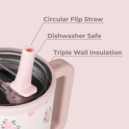 HydroJug Traveler - 40 oz Water Bottle with Handle & Flip Straw - Fits in Cup Holder, Leak Resistant Tumbler-Reusable Insulated Stainless Steel & Rubber Base - Gifts for Women & Men, Wildrose - color: Wildrose, size: 40oz