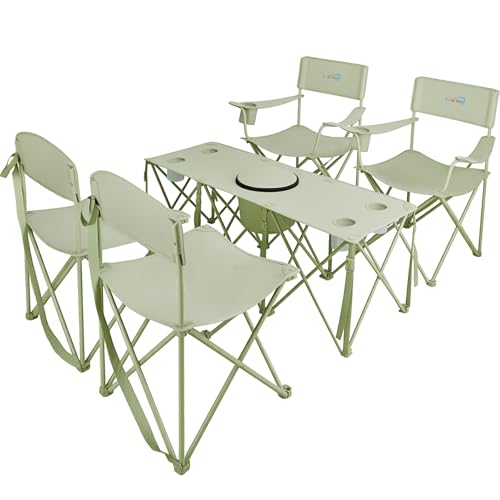 5 Pcs Camping Chair and Folding Camping Table Set, Outdoor Folding Picnic Chairs Lawn Portable Camp Table with Cooler Bag & Cup Holder for Camping, Fishing, Sporting Events, Support 500lbs, Green - color: Green