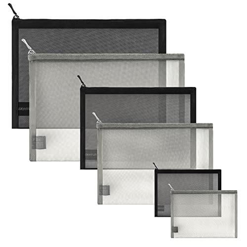 EASYFUN 6 Pieces Mesh Cosmetic Bag With Zipper Portable Travel Organizing Zipper Pouch Toiletries Makeup Pouches For Home Travel Accessories Diaper Bag - color: Grey Black