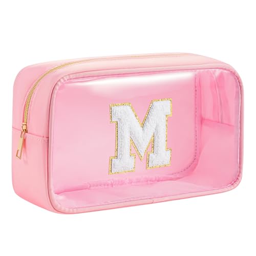 Personalized Initial Clear Makeup Bag Cosmetic Bags Travel Toiletry Bag Essentials Emergency Pouch Gifts for Girls Girlfriend Kids Birthday Graduation Teacher (Pink M) - style: M