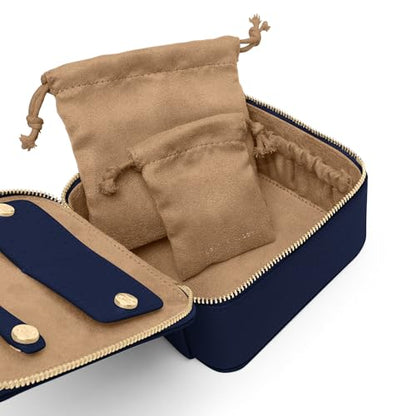 Leatherology Navy Blue Medium Jewelry Organizer – Full-Grain Leather Travel Case with Structured Design, Ring & Earring Storage, Zippered Suede Pouches - color: Navy Blue