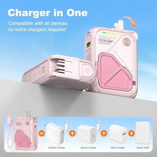 P05 Portable Charger, Magnetic Power Bank, Small Wireless PowerBank,Emergency Battery Pack 10000mAh Travel Essentials Fast Charging with Built in Cable, Wall Plug for iPhone,Samsung,Andriod (Pink) - color: Pink