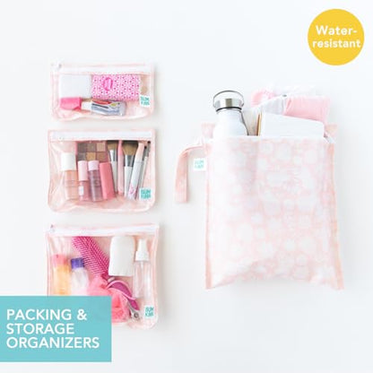 Bumkins Wet Bag and 3-Pack Clear-Sided Travel Pouches, Waterproof Organizer for Toiletries, Gym Clothes, Swim Gear, Shoes, Accessories, TSA Compliant Packing Set - Pink Lace - 4 Pack - color: B1 Pink Lace-4