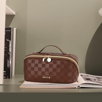 Prite Makeup Bag for Women Travel Waterproof Vegan Leather Cosmetic Bag Open Flat Toiletry Bag With Clear Divider and Handle (Plaid Brown, Medium) - color: Plaid Brown, size: Medium