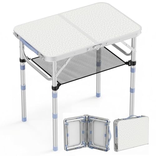 Small Folding Table Portable, 2ft Camping Pinic Table with 3 Adjustable Height, Aluminum Foldable Lightweight Patio Side Table with Carry Handle for Outdoor Indoor Hiking Camp BBQ Beach (White) - color: White