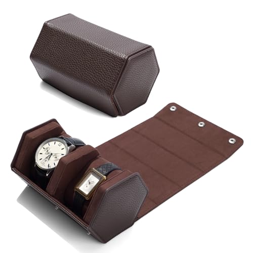 Oirlv Luxury Hexagonal Leather Watch Travel Case Watch Organizer Case for Men Portable Jewelry Storage Roll Organizer(2-Slot,Brown) - color: Brown, size: 2-Slot