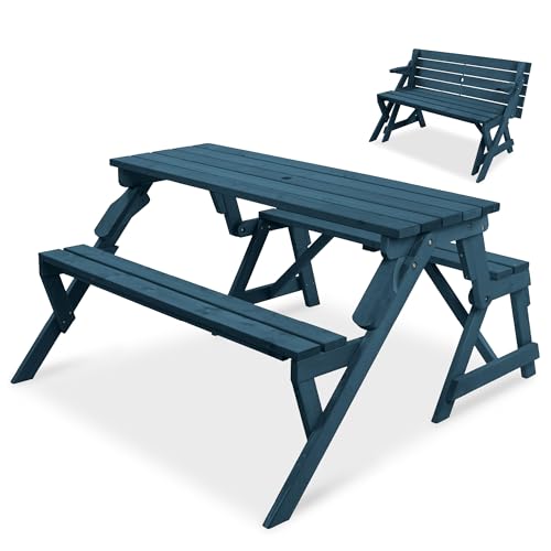 Best Choice Products 2-in-1 Transforming Interchangeable Outdoor Wooden Picnic Table Garden Bench for Backyard, Porch, Patio, Deck w/Umbrella Hole - Harbor Blue - color: Harbor Blue