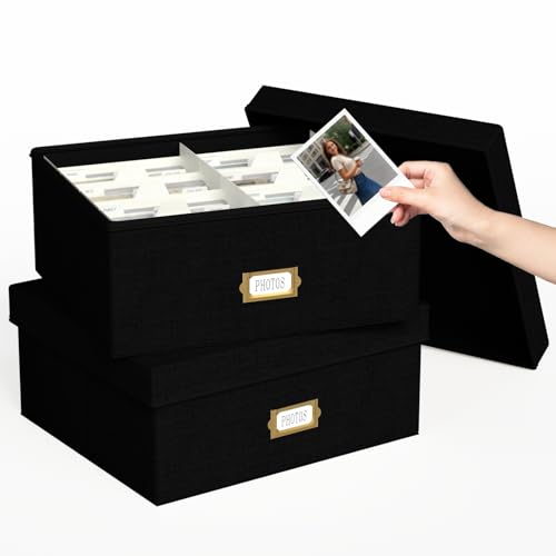 Decorative Photo Storage Box - 2 Pack Linen Photo Box Organizer with Dividers, Fits Holds Up to 1700 Pictures and 4x6 Photos, Memory Keepsake Organizer for Scrapbook Supplies, Cards, Stamps (Black) - color: Black, size: 4x6 (2 Pack)