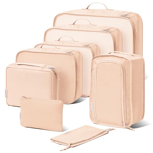 (Not Made In China) Packing Cubes For Travel, Luggage and Suitcase Organizer Bags, Carry On and Backpack Space Savers, Lightweight Waterproof Nylon, 8pc Set Beige - color: Cream, size: Set of 8